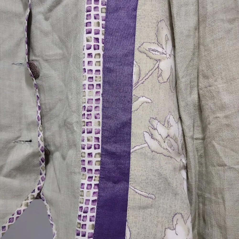 CANVASBACKS SOFT GREEN LINEN RAYON SILK JACKET BLOCK PRINT AND FLORAL90S SIZE M